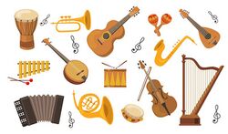 Kolase berbagai jenis instrumen musik yang menunjukkan keragaman mekanisme produksi suara, mulai dari dawai, tiup, perkusi, hingga elektronik.