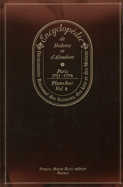 Halaman judul dari volum pertama Encyclopédie (1751) karya Denis Diderot dan Jean le Rond d'Alembert, salah satu tonggak sejarah ensiklopedia umum dunia.