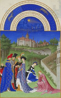Ilustrasi April dari kalender Les Très Riches Heures du duc de Berry (sekitar abad ke-15).